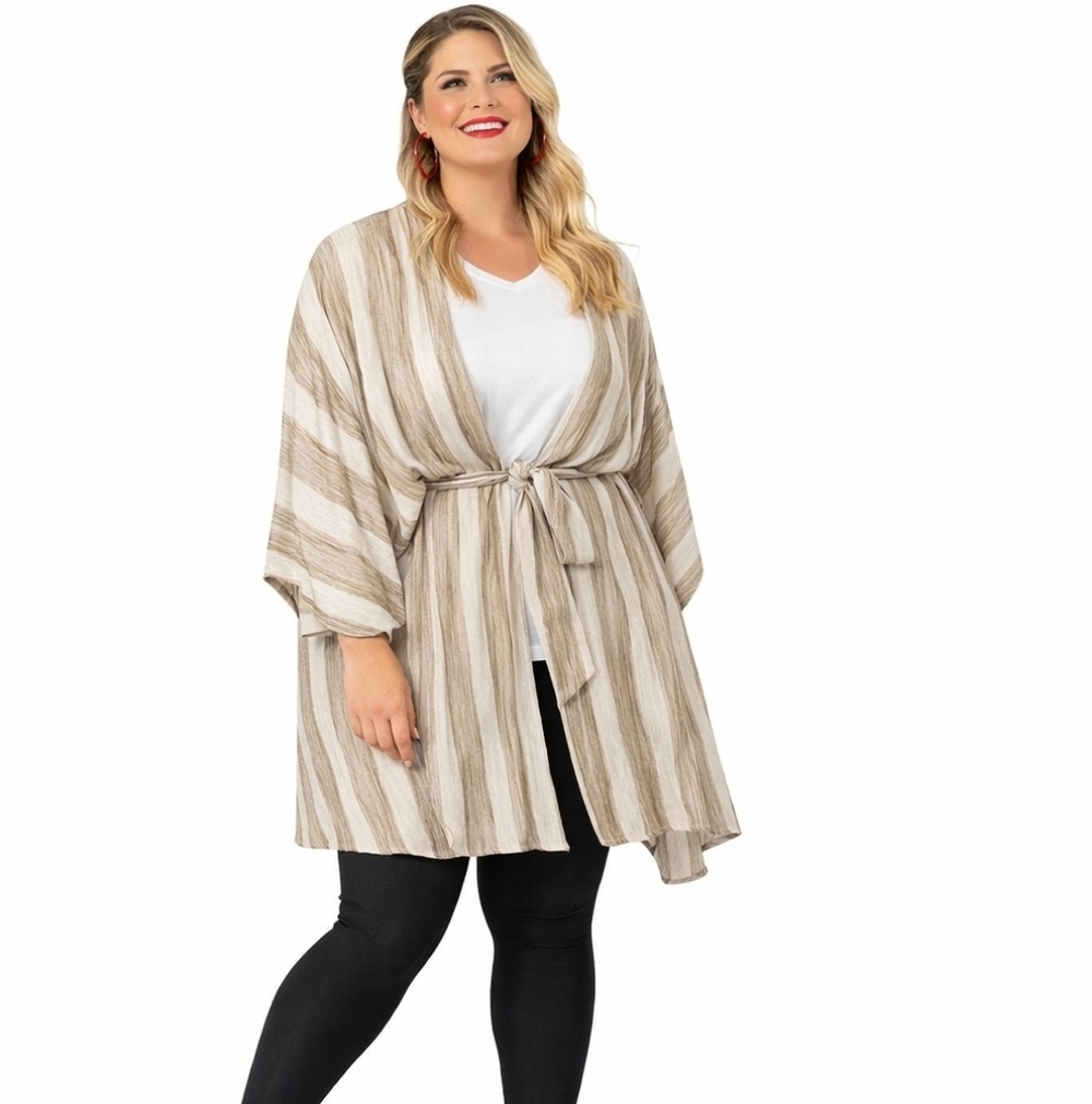 LuLaRoe Beige and Cream Striped Kimono Cape